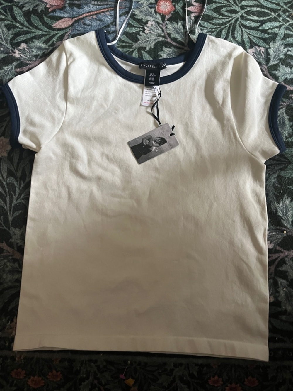 Junior’s Sincerely Jules White Ringer Tee with Navy Trim